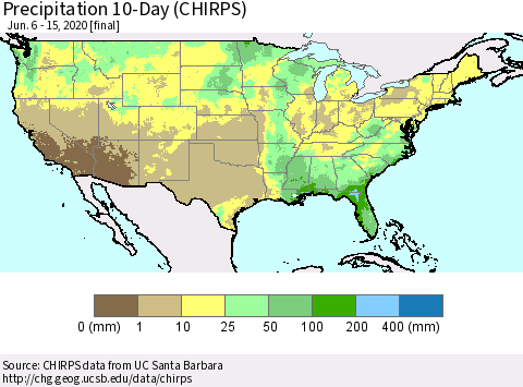 United States Precipitation 10-Day (CHIRPS) Thematic Map For 6/6/2020 - 6/15/2020