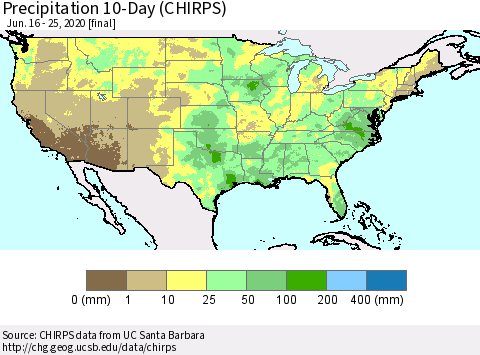 United States Precipitation 10-Day (CHIRPS) Thematic Map For 6/16/2020 - 6/25/2020