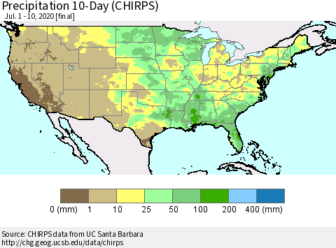 United States Precipitation 10-Day (CHIRPS) Thematic Map For 7/1/2020 - 7/10/2020