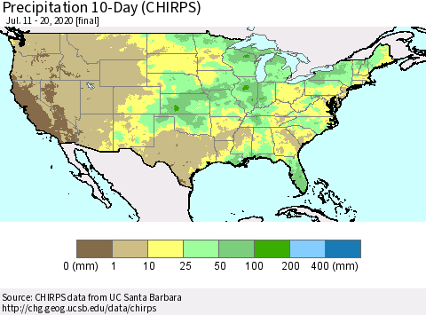 United States Precipitation 10-Day (CHIRPS) Thematic Map For 7/11/2020 - 7/20/2020