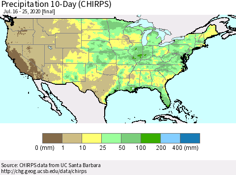United States Precipitation 10-Day (CHIRPS) Thematic Map For 7/16/2020 - 7/25/2020