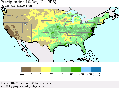United States Precipitation 10-Day (CHIRPS) Thematic Map For 7/26/2020 - 8/5/2020