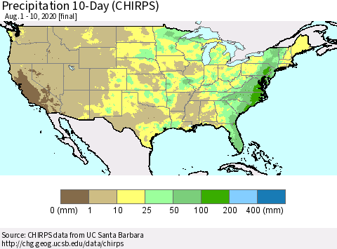 United States Precipitation 10-Day (CHIRPS) Thematic Map For 8/1/2020 - 8/10/2020