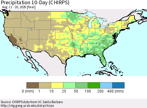 United States Precipitation 10-Day (CHIRPS) Thematic Map For 8/11/2020 - 8/20/2020