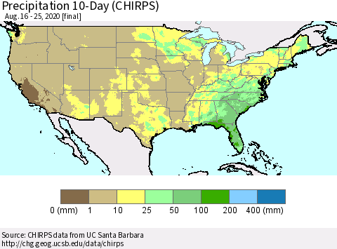 United States Precipitation 10-Day (CHIRPS) Thematic Map For 8/16/2020 - 8/25/2020