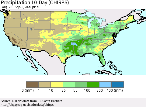 United States Precipitation 10-Day (CHIRPS) Thematic Map For 8/26/2020 - 9/5/2020