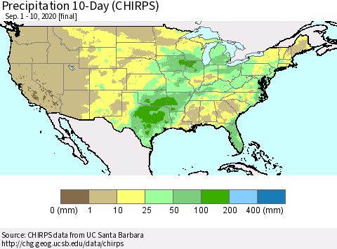 United States Precipitation 10-Day (CHIRPS) Thematic Map For 9/1/2020 - 9/10/2020