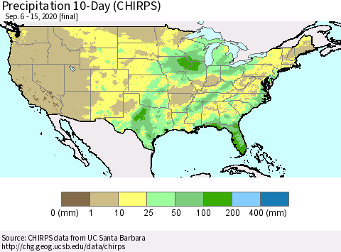 United States Precipitation 10-Day (CHIRPS) Thematic Map For 9/6/2020 - 9/15/2020