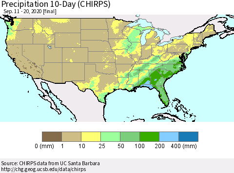 United States Precipitation 10-Day (CHIRPS) Thematic Map For 9/11/2020 - 9/20/2020