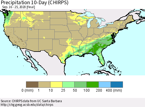 United States Precipitation 10-Day (CHIRPS) Thematic Map For 9/16/2020 - 9/25/2020