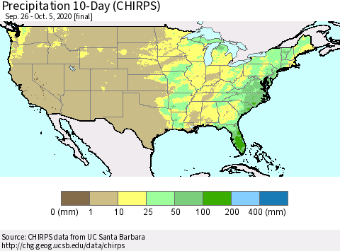 United States Precipitation 10-Day (CHIRPS) Thematic Map For 9/26/2020 - 10/5/2020