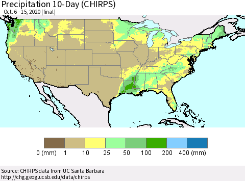 United States Precipitation 10-Day (CHIRPS) Thematic Map For 10/6/2020 - 10/15/2020