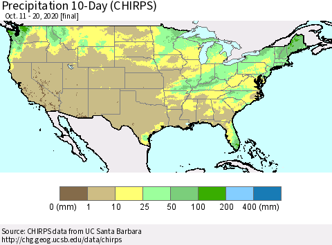 United States Precipitation 10-Day (CHIRPS) Thematic Map For 10/11/2020 - 10/20/2020