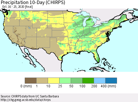 United States Precipitation 10-Day (CHIRPS) Thematic Map For 10/16/2020 - 10/25/2020