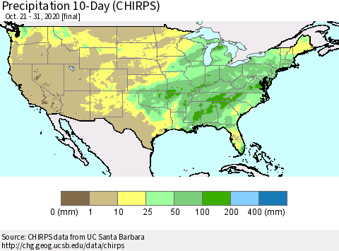 United States Precipitation 10-Day (CHIRPS) Thematic Map For 10/21/2020 - 10/31/2020