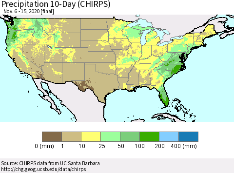 United States Precipitation 10-Day (CHIRPS) Thematic Map For 11/6/2020 - 11/15/2020
