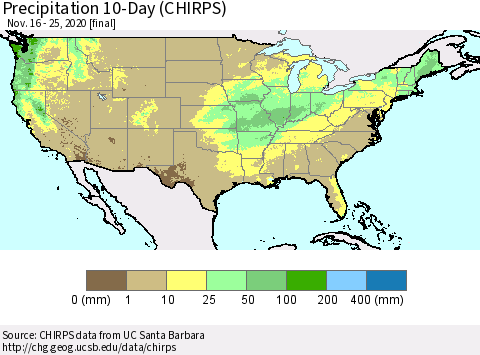 United States Precipitation 10-Day (CHIRPS) Thematic Map For 11/16/2020 - 11/25/2020