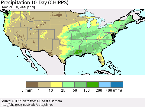 United States Precipitation 10-Day (CHIRPS) Thematic Map For 11/21/2020 - 11/30/2020