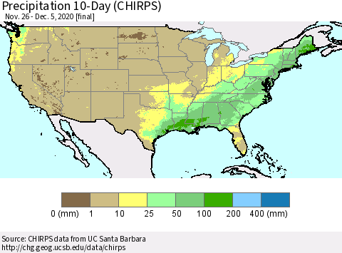United States Precipitation 10-Day (CHIRPS) Thematic Map For 11/26/2020 - 12/5/2020