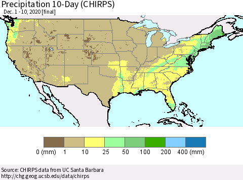 United States Precipitation 10-Day (CHIRPS) Thematic Map For 12/1/2020 - 12/10/2020