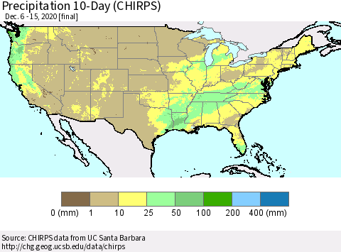 United States Precipitation 10-Day (CHIRPS) Thematic Map For 12/6/2020 - 12/15/2020