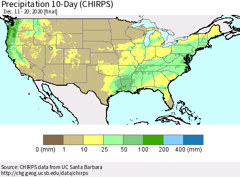 United States Precipitation 10-Day (CHIRPS) Thematic Map For 12/11/2020 - 12/20/2020
