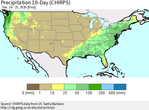 United States Precipitation 10-Day (CHIRPS) Thematic Map For 12/16/2020 - 12/25/2020