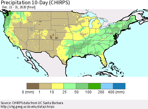 United States Precipitation 10-Day (CHIRPS) Thematic Map For 12/21/2020 - 12/31/2020