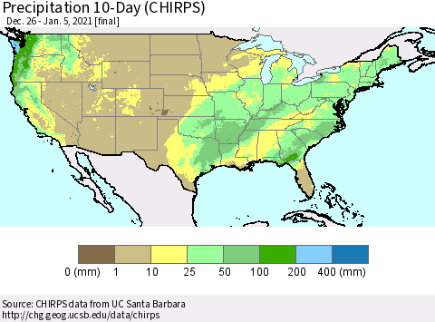 United States Precipitation 10-Day (CHIRPS) Thematic Map For 12/26/2020 - 1/5/2021
