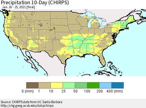 United States Precipitation 10-Day (CHIRPS) Thematic Map For 1/16/2021 - 1/25/2021