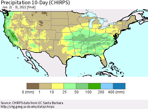 United States Precipitation 10-Day (CHIRPS) Thematic Map For 1/21/2021 - 1/31/2021