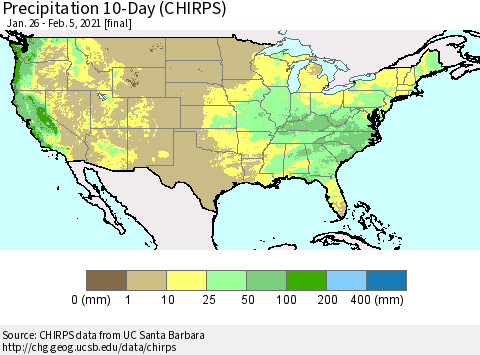 United States Precipitation 10-Day (CHIRPS) Thematic Map For 1/26/2021 - 2/5/2021