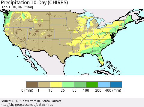 United States Precipitation 10-Day (CHIRPS) Thematic Map For 2/1/2021 - 2/10/2021
