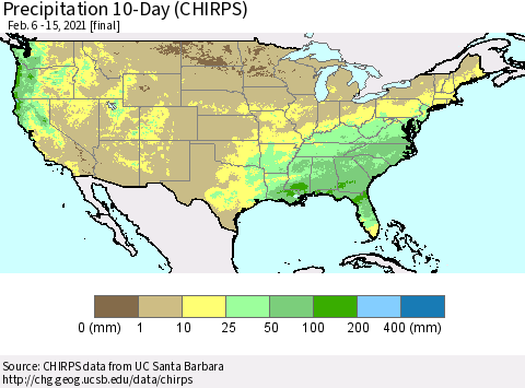United States Precipitation 10-Day (CHIRPS) Thematic Map For 2/6/2021 - 2/15/2021
