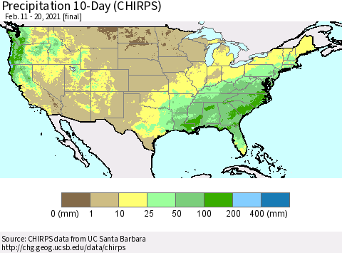 United States Precipitation 10-Day (CHIRPS) Thematic Map For 2/11/2021 - 2/20/2021