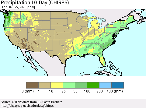 United States Precipitation 10-Day (CHIRPS) Thematic Map For 2/16/2021 - 2/25/2021