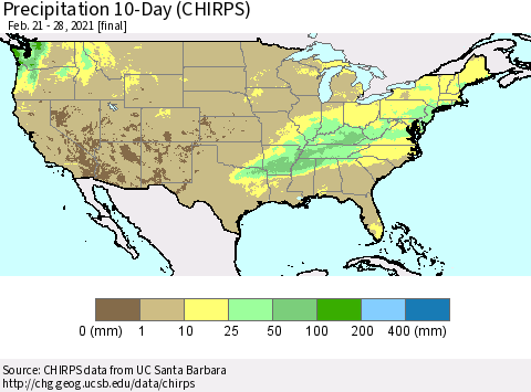 United States Precipitation 10-Day (CHIRPS) Thematic Map For 2/21/2021 - 2/28/2021