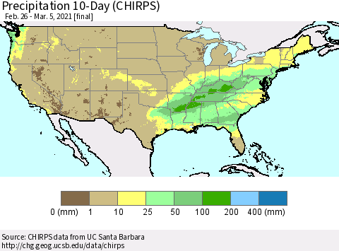 United States Precipitation 10-Day (CHIRPS) Thematic Map For 2/26/2021 - 3/5/2021