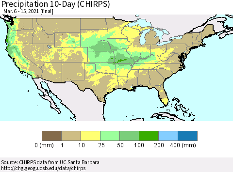 United States Precipitation 10-Day (CHIRPS) Thematic Map For 3/6/2021 - 3/15/2021