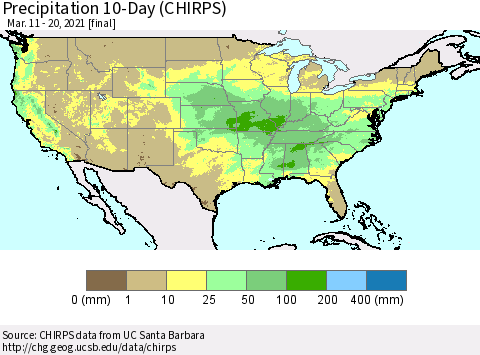United States Precipitation 10-Day (CHIRPS) Thematic Map For 3/11/2021 - 3/20/2021