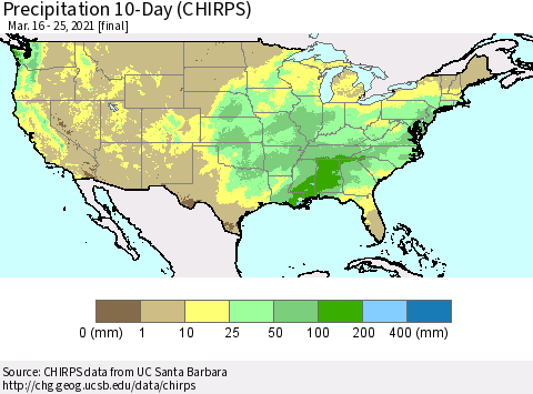 United States Precipitation 10-Day (CHIRPS) Thematic Map For 3/16/2021 - 3/25/2021