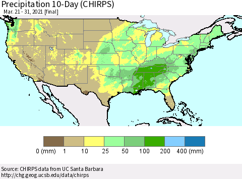 United States Precipitation 10-Day (CHIRPS) Thematic Map For 3/21/2021 - 3/31/2021