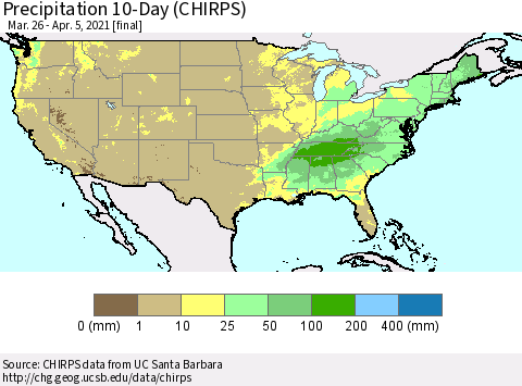 United States Precipitation 10-Day (CHIRPS) Thematic Map For 3/26/2021 - 4/5/2021