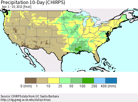 United States Precipitation 10-Day (CHIRPS) Thematic Map For 4/1/2021 - 4/10/2021
