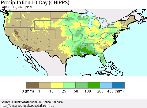 United States Precipitation 10-Day (CHIRPS) Thematic Map For 4/6/2021 - 4/15/2021