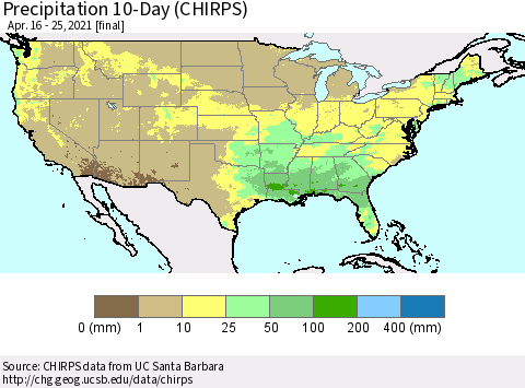 United States Precipitation 10-Day (CHIRPS) Thematic Map For 4/16/2021 - 4/25/2021
