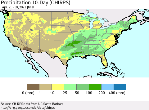 United States Precipitation 10-Day (CHIRPS) Thematic Map For 4/21/2021 - 4/30/2021