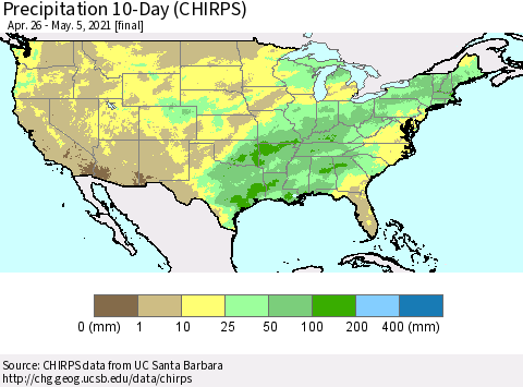 United States Precipitation 10-Day (CHIRPS) Thematic Map For 4/26/2021 - 5/5/2021