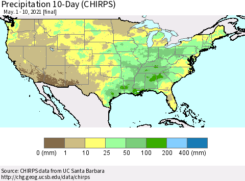 United States Precipitation 10-Day (CHIRPS) Thematic Map For 5/1/2021 - 5/10/2021