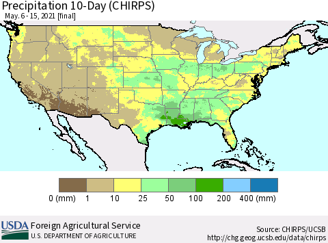 United States Precipitation 10-Day (CHIRPS) Thematic Map For 5/6/2021 - 5/15/2021